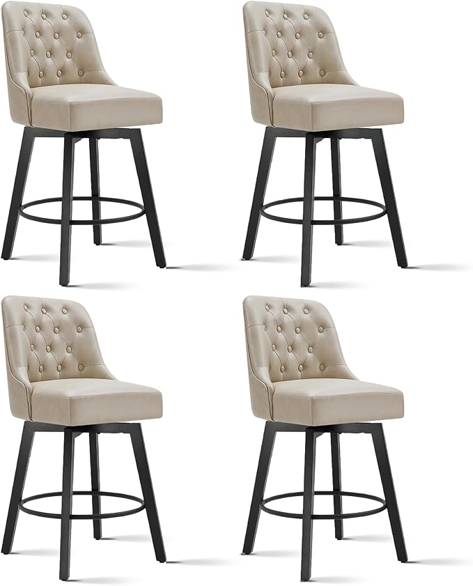KISLOT Swivel Counter Height Bar Stools Set of 4, 26" Upholstered Faux Leather Barstools with Back,Thick Seat and Square Solid Wood Legs for Kitchen Island Home Bar, Beige