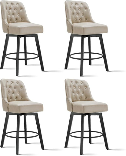 KISLOT Swivel Counter Height Bar Stools Set of 4, 26" Upholstered Faux Leather Barstools with Back,Thick Seat and Square Solid Wood Legs for Kitchen Island Home Bar, Beige