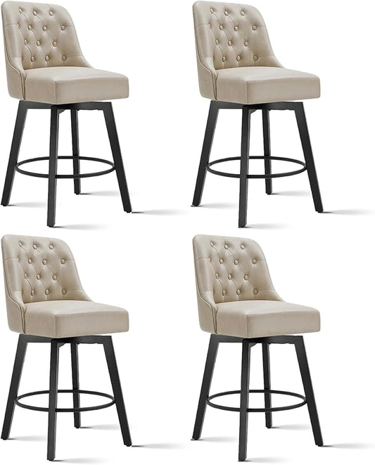 KISLOT Swivel Counter Height Bar Stools Set of 4, 26" Upholstered Faux Leather Barstools with Back,Thick Seat and Square Solid Wood Legs for Kitchen Island Home Bar, Beige