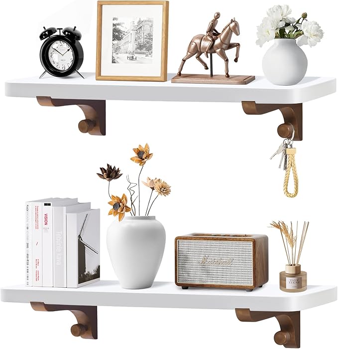Wooden Floating Shelves for Wall, 22.6" W x 6" D x 0.8" H Large Wall Shelves, Hanging Storage Shelf with Hooks for Living Room, Kitchen, Bathroom, Bedroom Decor, Walnut, 2 Packs
