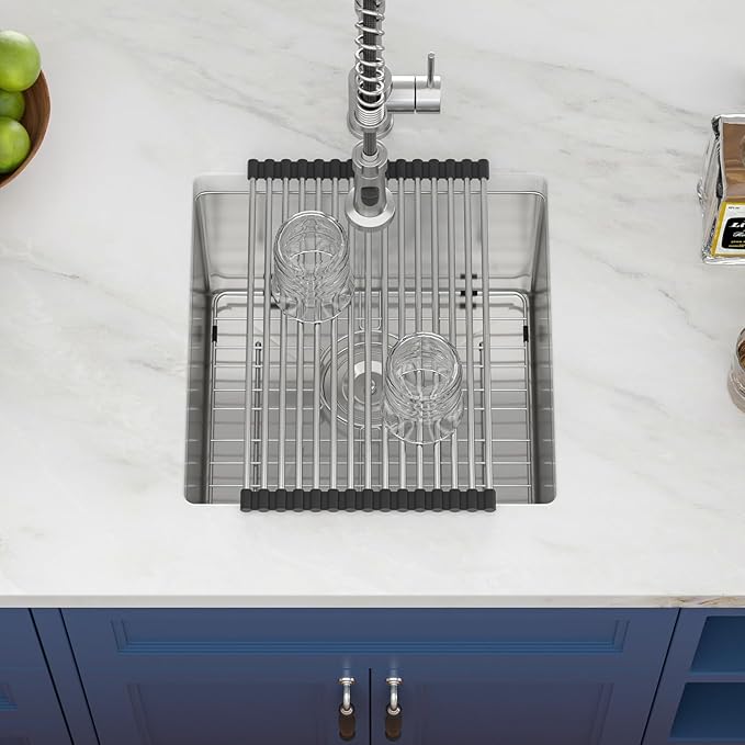 17x17 in Undermount Bar Sink Square Wet Bar Prep Sink Stainless Steel 16 Gauge Single Bowl Undermount Deep Kitchen Rv Outdoor Garage Sink Basin