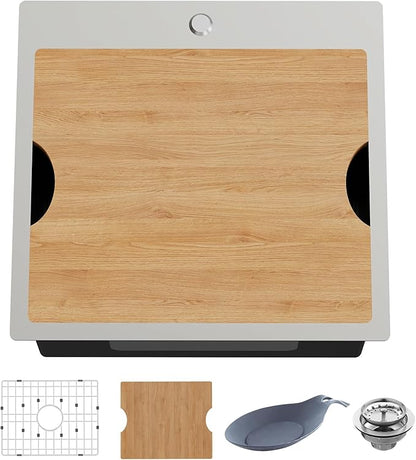 Kitchen Sink Workstation, 21x20 In Stainless Steel Drop In Single Bowl Built-in Ledge Small Topmount Workstation Kitchen And Bar Sink With Accessory-SS Grid Cutting Board,Silicon Mat,Drain Assembly