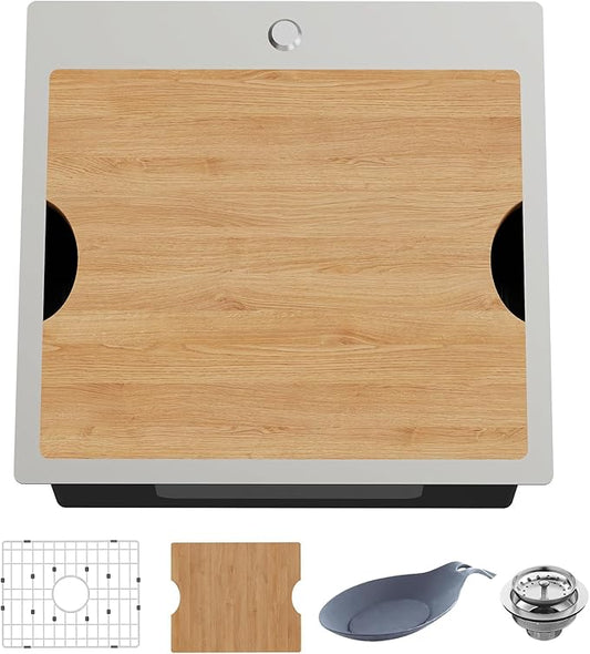 Kitchen Sink Workstation, 21x20 In Stainless Steel Drop In Single Bowl Built-in Ledge Small Topmount Workstation Kitchen And Bar Sink With Accessory-SS Grid Cutting Board,Silicon Mat,Drain Assembly