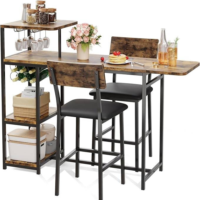GAOMON 3-Piece Dining Set, Bar Table and Chairs Set for 2, High Top Table and Upholstered Chairs with Storage Shelves, Breakfast Nook, Bar Pub Set for Kitchen, Home Bar, Small Space