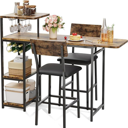 GAOMON 3-Piece Dining Set, Bar Table and Chairs Set for 2, High Top Table and Upholstered Chairs with Storage Shelves, Breakfast Nook, Bar Pub Set for Kitchen, Home Bar, Small Space