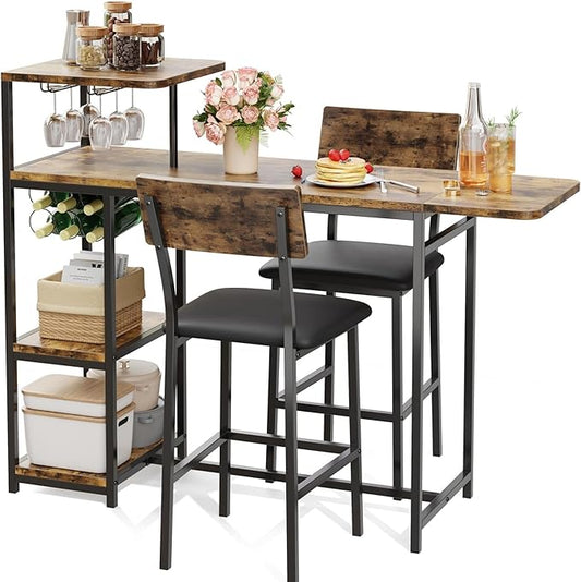 GAOMON 3-Piece Dining Set, Bar Table and Chairs Set for 2, High Top Table and Upholstered Chairs with Storage Shelves, Breakfast Nook, Bar Pub Set for Kitchen, Home Bar, Small Space