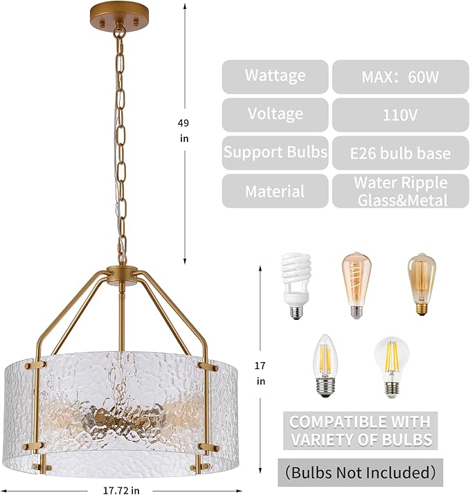 Glass Drum Gold Chandelier for Dining Room 18'' Entryway Light Fixture 4-Light Kitchen Chandeliers Over Table Bedroom Light Fixture for Living Room Hallway Foyer Kitchen