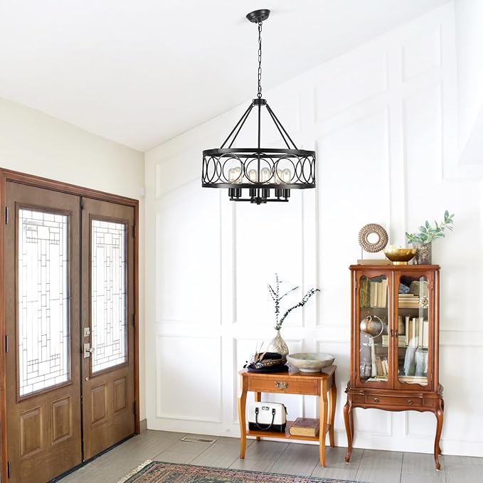 Black Farmhouse Chandelier, 6-Light Rustic Chandeliers for Dining Room Light Fixture, Drum Chandelier Round Pendant Light, Hanging Kitchen Island Lighting for Living Room, Entryway, Foyer