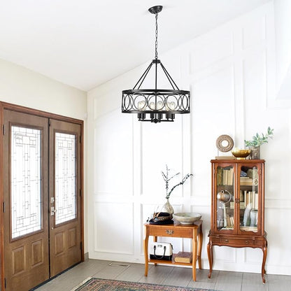 Black Farmhouse Chandelier, 6-Light Rustic Chandeliers for Dining Room Light Fixture, Drum Chandelier Round Pendant Light, Hanging Kitchen Island Lighting for Living Room, Entryway, Foyer