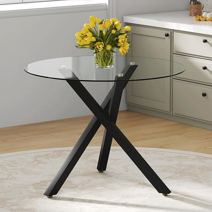 Round Glass Dining Table 39 Inch Modern Round Kitchen Table with Metal Legs Durable Stylish Dinner Table for Dining Room Kitchen