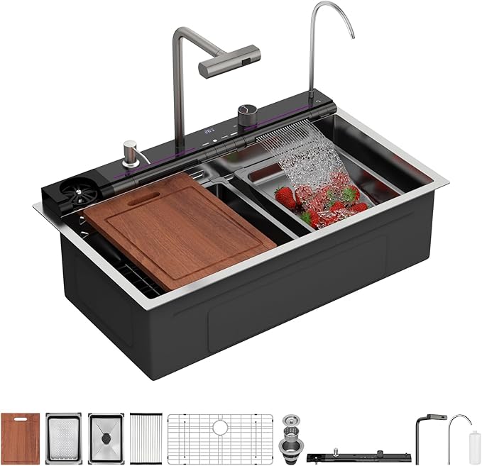 Sarlai Waterfall Kitchen Sink 33 Inch - Drop In Kitchen Sink 33x19 Inch Workstation Waterfall Smart Sinks Single Bowl 16 Gauge Stainless Steel Multifunction Topmount Sinks Basin with Faucet Combo