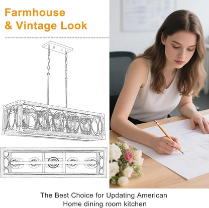 35.5" Dining Room Light Fixture/Chandelier Over Table, 5-Light Rustic Wood Kitchen Island Lighting with Clear Glass Shade Farmhouse Hanging Pendant Lights Fixtures for Kitchen Island Dining Room‌ Bar