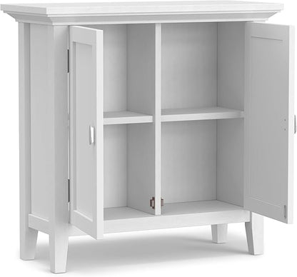 SIMPLIHOME Redmond Storage Cabinet - 32 inch Wide Solid Wood 2-Shelf Low Storage Cabinet in White, Transitional Accent Cabinet for Entryway with Adjustable Shelves and Tapered Legs