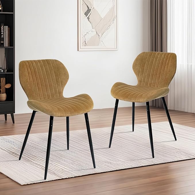 CangLong Mid Century Modern Dining Chairs Set of 2, Upholstered Kitchen Dining Room Chairs, Velvet Comfortable Dining Chair with Metal Legs, for Kitchen, Dining, Living Room, Yellowish Brown