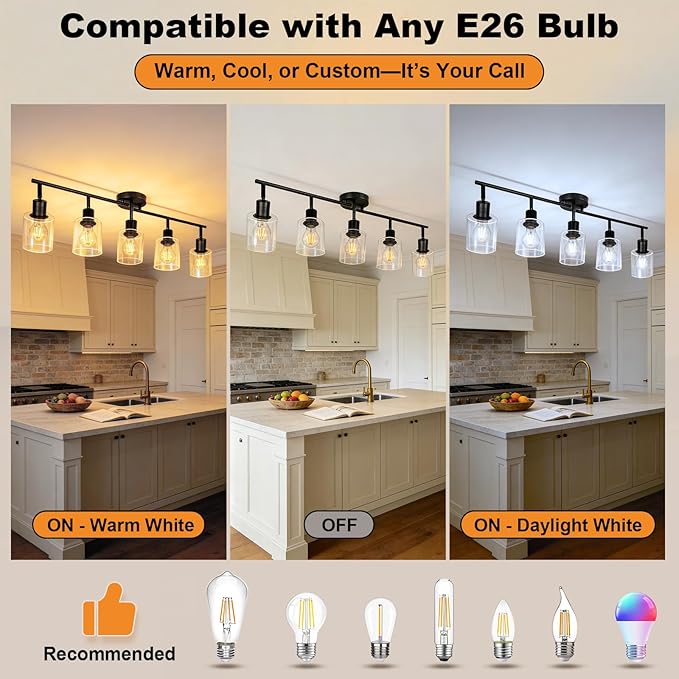 HiBay 5-Light Black Track Lighting Fixtures Ceiling, Multi Directional Foldable Glass Spotlight, Modern Farmhouse Industrial Track Light for Kitchen, Living Room, Home Office, E26 Base
