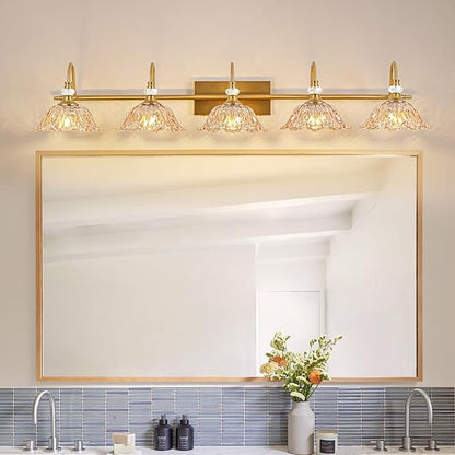 Vintage Bathroom Vanity Light, 5-Light Matte Brass Finish Vanity Light with Floral Amber Glass Shades, Retro Wall Mount Lighting for Bathroom, Living Room