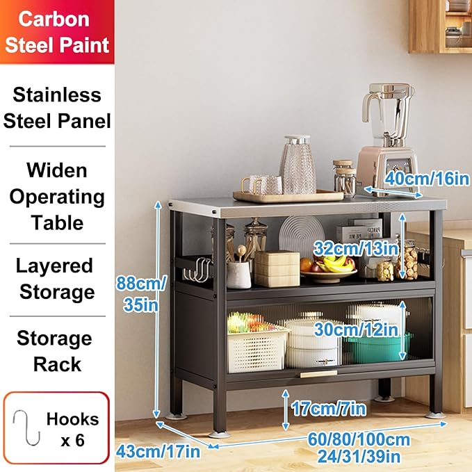 Metal Table Prep Table, Kitchen Island with Storage, Flip Door, Heavy Duty, Black, 88x43x60cm/35x17x24in