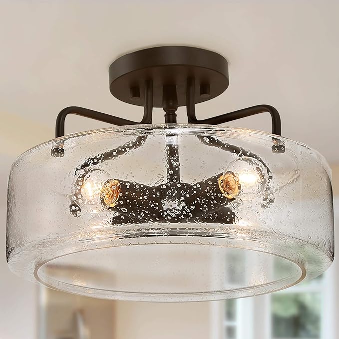 LOG BARN Semi Flush Mount Ceiling Light with Seeded Glass Shade for Living Room, Bedroom, Kitchen, Hallway, W12 x H8, Black