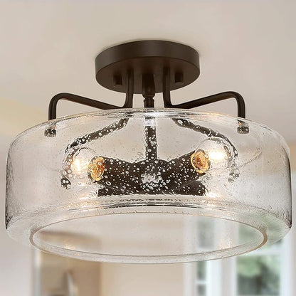 LOG BARN Semi Flush Mount Ceiling Light with Seeded Glass Shade for Living Room, Bedroom, Kitchen, Hallway, W12 x H8, Black