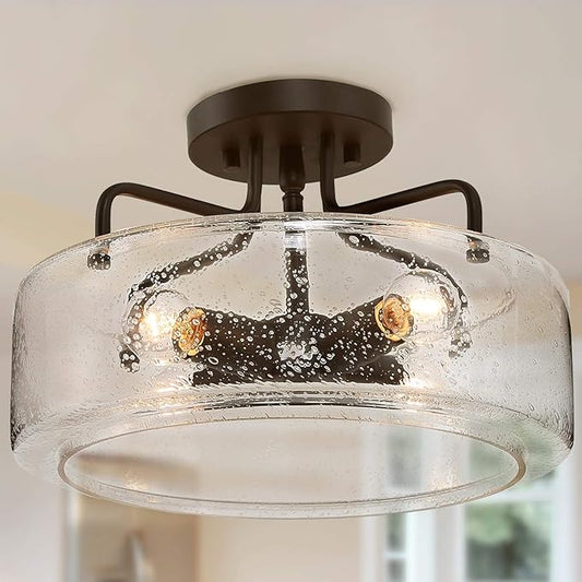 LOG BARN Semi Flush Mount Ceiling Light with Seeded Glass Shade for Living Room, Bedroom, Kitchen, Hallway, W12 x H8, Black