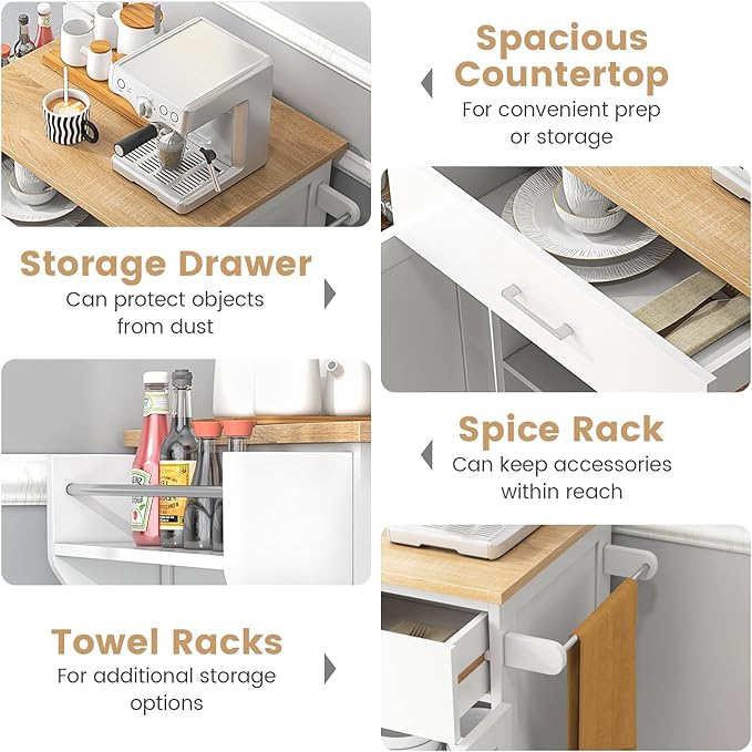 Giantex Kitchen Island with Storage, Rolling Island Table with Cabinet, Adjustable Shelf, Drawer, Towel Rack & Spice Rack, Small Bar Kitchen Cart On Wheels for Living Dining Room, White