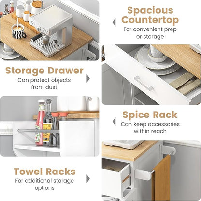 Giantex Kitchen Island with Storage, Rolling Island Table with Cabinet, Adjustable Shelf, Drawer, Towel Rack & Spice Rack, Small Bar Kitchen Cart On Wheels for Living Dining Room, White