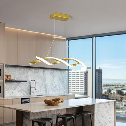 Modern Kitchen Pendant Light Over Island Gold LED Pendant Lights 6000K Adjustable Hanging Light Fixture Wave Shape Chandelier for Dining Room Kitchen Island Restaurant Living Room