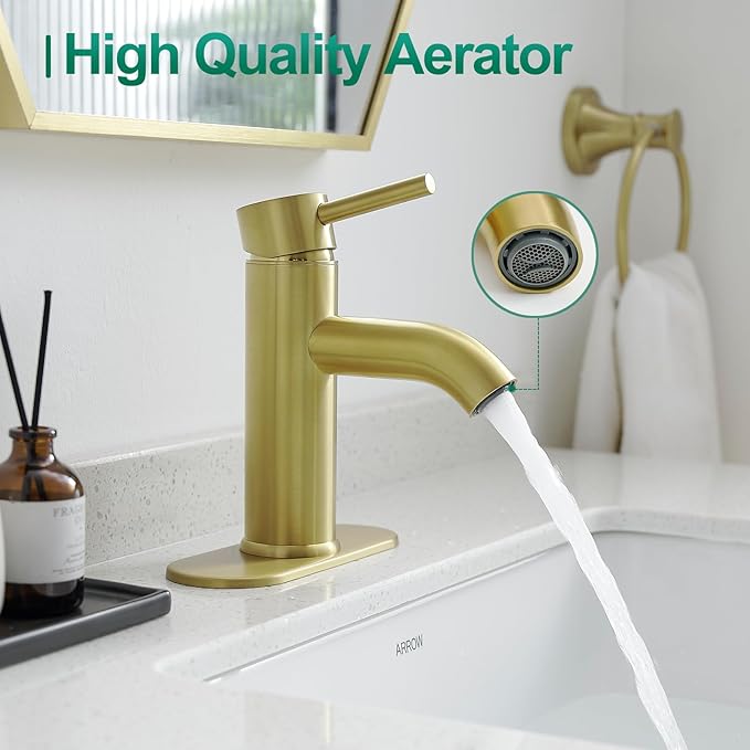 Brushed Gold Bathroom Faucets, Modern Single Hole Lavatory Vanity Faucet, Single Handle Bathroom Sink,Faucet, Faucet for Bathroom Sink with Deck Plate and Supply Hoses