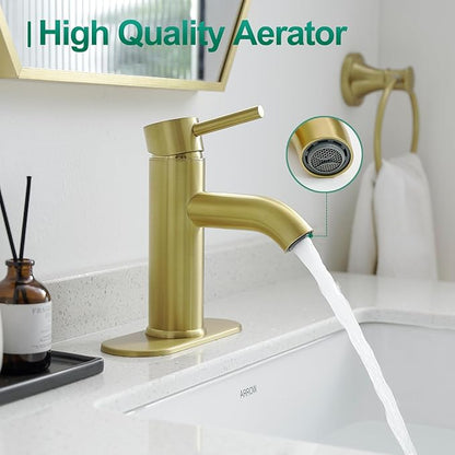 Brushed Gold Bathroom Faucets, Modern Single Hole Lavatory Vanity Faucet, Single Handle Bathroom Sink,Faucet, Faucet for Bathroom Sink with Deck Plate and Supply Hoses