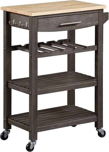 Convenience Concepts Ellaine 4 Tier Kitchen Cart with Drawer and Wine Rack, 24.75 x 16.5 x 34.5, Wirebrush Dark Gray/Butcher Block