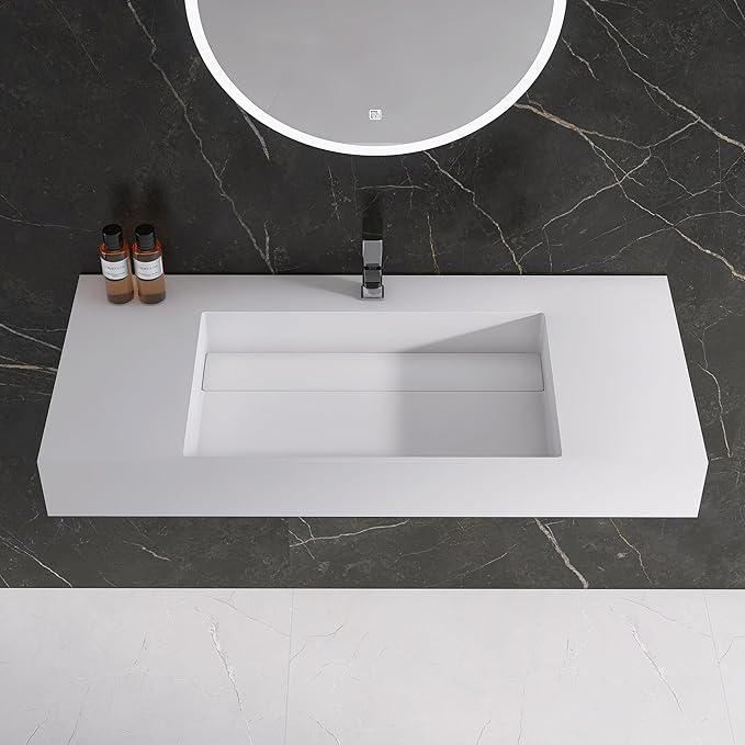 42" x 18" Wall Mount Sink, Stone Resin Rectangular Bathroom Sink, Modern Floating Vessel Sinks for Vanity, Art Basin Trough, Durable and Stylish Bathroom Sinks for Modern Homes, White