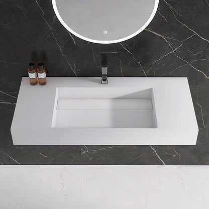 42" x 18" Wall Mount Sink, Stone Resin Rectangular Bathroom Sink, Modern Floating Vessel Sinks for Vanity, Art Basin Trough, Durable and Stylish Bathroom Sinks for Modern Homes, White