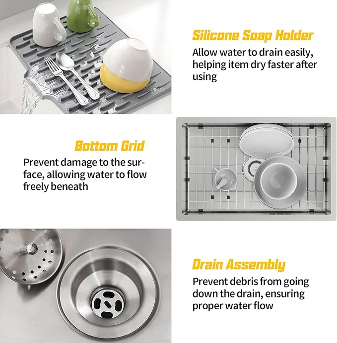 28x18 Inch Stainless Steel Kitchen Sink-Undermount Single Bowl Drop In Kitchen Sink Stylish And Modern Look Come With Bottom Grid,Silicon Mat And Drain Assembly Add Elegance & Enhance Usability