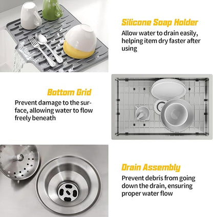 28x18 Inch Stainless Steel Kitchen Sink-Undermount Single Bowl Drop In Kitchen Sink Stylish And Modern Look Come With Bottom Grid,Silicon Mat And Drain Assembly Add Elegance & Enhance Usability