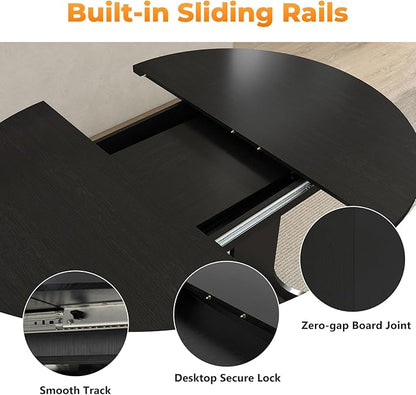 Zevemomo 43"-59" Extendable Dining Room Table for 4-6, Expandable Round Dining Table, Oval Tabletop with Trestle X-Shaped Base & Metal Track for Office, Living Room-Black