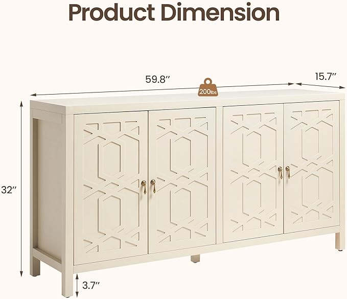 RoyalCraft Buffet Cabinet with Storage, 60" W Modern Coffee Bar Sideboard with 4 Doors & Adjustable Shelves, Painted Wooden Credenza for Dining Room, Kitchen, Living Room, Entryway, Beige