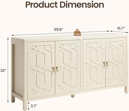 RoyalCraft Buffet Cabinet with Storage, 60" W Modern Coffee Bar Sideboard with 4 Doors & Adjustable Shelves, Painted Wooden Credenza for Dining Room, Kitchen, Living Room, Entryway, Beige