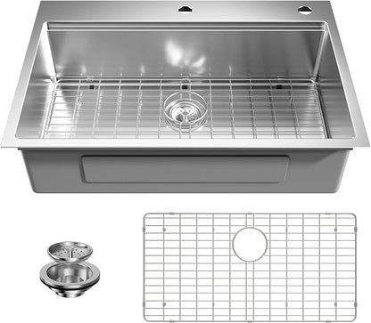 33 Undermount Kitchen Sink Modern - 33x22 Drop-in Kitchen Sinks, 18 Gauge 304 Stainless Steel Workstation Sink, Deep Single Bowl, Dual Mount, Handmade Basin, 9 Inch Deep, Built-In Accessories