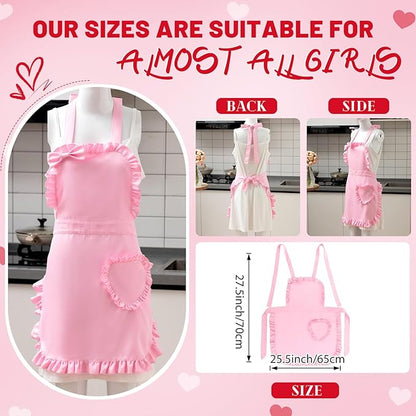 Geyoga Valentine Pink Long Ruffle Aprons for Women with Pockets Kitchen Maid Apron Vintage Skirt Cute Ruffle Dress Costume