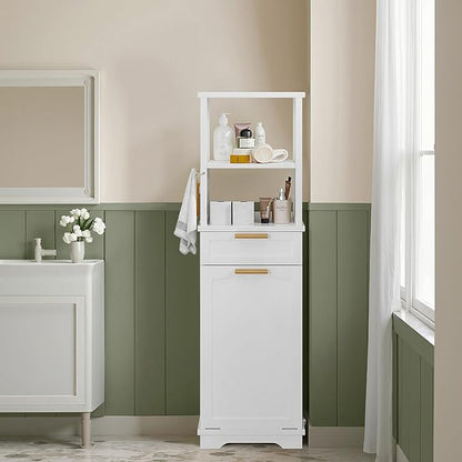 VECELO Bathroom Cabinet with Removable Basket, Tall Tilt Out Laundry Hamper with 2-Tier Open Shelves, 1 Drawer and 3 Side Hooks for Storage, White