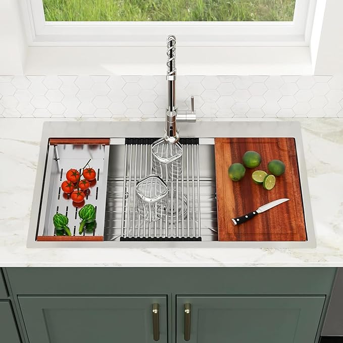 Logmey 36 Inch Drop in Workstation Kitchen Sink,16 Gauge SUS304 Stainless,36x22x9 Large Single Bowl Sinks for Effortless Meal Prep & Baking,Complete All-In-One Sink Kit