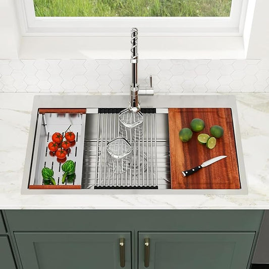 Logmey 36 Inch Drop in Workstation Kitchen Sink,16 Gauge SUS304 Stainless,36x22x9 Large Single Bowl Sinks for Effortless Meal Prep & Baking,Complete All-In-One Sink Kit