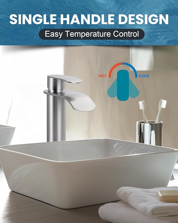 Vessel Sink Faucet Brushed Nickel for Bathroom：WOWOW Single Handle Tall Bathroom Faucet - Waterfall Single Hole Mixer Bar Tap with Large Rectangular Spout, Deck Mount Lavatory Vanity with Pop Up Drain
