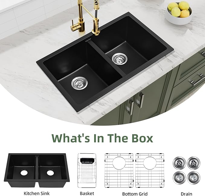 Davivy 30 Inch Black Double Bowl Granite Kitchen Sink 50/50, 30 x 18 Black Undermount Kitchen Sink, Deep Quartz Composite Double Basin with Accessories