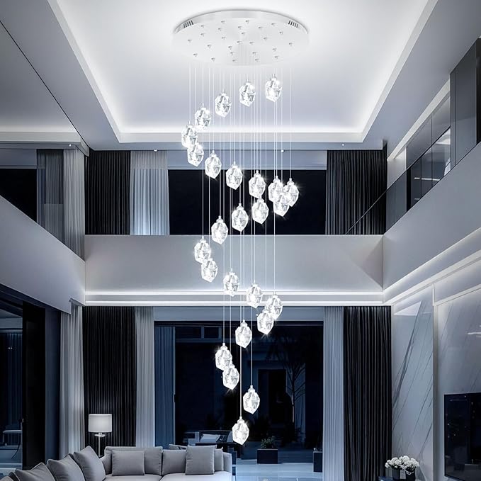 Large Crystal Chandeliers for High Ceiling 135 inches Long Staircase Entrance Chandelier for Foyer Dimmable LED Ceiling Chandelier 26 Light Silver
