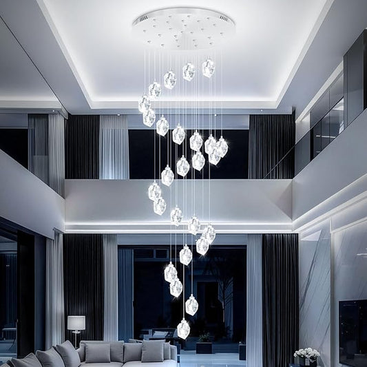 Large Crystal Chandeliers for High Ceiling 135 inches Long Staircase Entrance Chandelier for Foyer Dimmable LED Ceiling Chandelier 26 Light Silver
