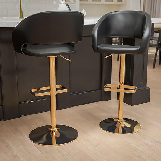 Flash Furniture Erik Comfortable & Stylish Contemporary Barstool with Rounded Mid-Back and Foot Rest, Adjustable Height - Black Vinyl with Gold Base, Set of 2