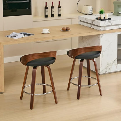 Bar Stools Set of 2, Mid Century Modern Swivel Stools with Low Back, 25" Counter Height Wooden Bar Chairs with Soft Faux Leather Cushion, for Kitchen Island, Bar & Home,Black
