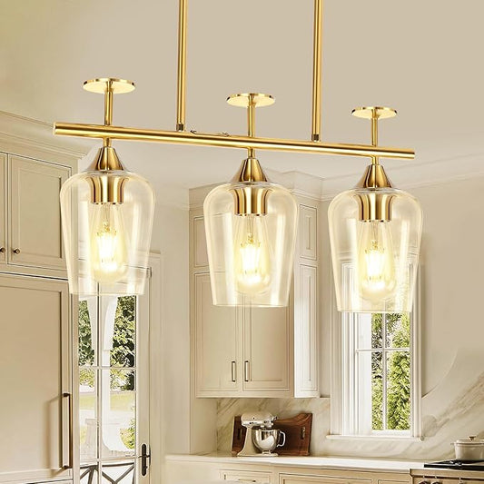 3-Light Pendant Lights Kitchen Island Lighting Fixtures Gold Linear Chandelier Dining Room Light Fixture Ceiling Hanging Modern Kitchen Chandeliers Over Table with Clear Glass Shades