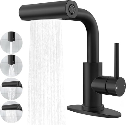 Matte Black Bathroom Sink Faucet with Pull Down Sprayer - 4 Mode Single Handle Vanity Faucet Waterfall Bathroom Faucet with Pull Down Sprayer (No Drain)